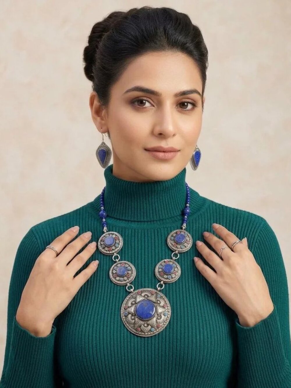 Blue Lapis Lazuli Jewelry Set: Vintage Silver-Tone Necklace and Earrings